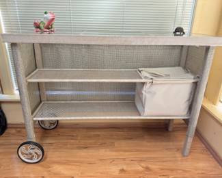 Hampton Bay Vintage Rolling Potting Bench + Ceramic Garden Decor