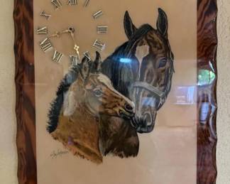 Vintage Ole Larsen Horse Lithograph Lacquered on Wood w/ Clock