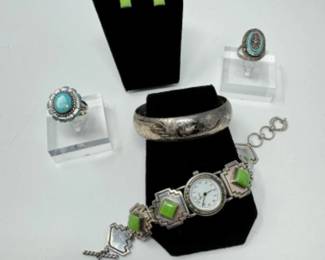 Sterling Silver Turquoise & Green Gemstone Jewelry Set (80.96 Grams)