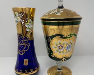 Bohemian Cobalt Blue Glass Vase + Lidded Candy Dish w/ Gold Accents