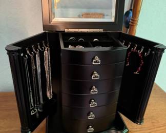 Jewelry Armoire w/ 2 Panels & 6 Drawers + Variety of Fine Jewelries