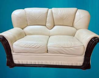 2-Seater Cream Leather Sofa Loveseat - Good Condition