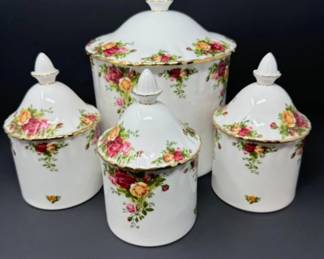 1962 Royal Albert "Old Country Roses" Kitchen Canister & Spice Jar Set (4 pcs)	