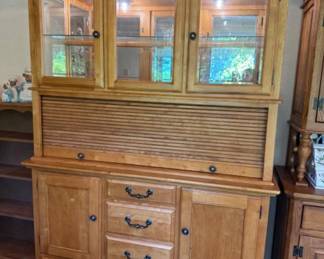 Traditional Wooden Hutch w/ Glass Doors & Rolling Top Buffet