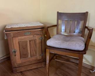 Antique White Clad Ice Box End Table + & Possibly Antique Tiger Oak Library Chair