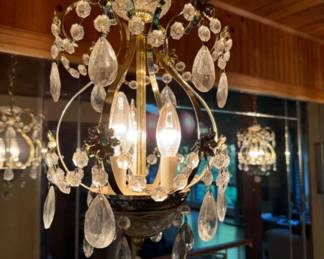 Rare Shape Small Pendant Chandelier W/ Cascading Glass Prisms