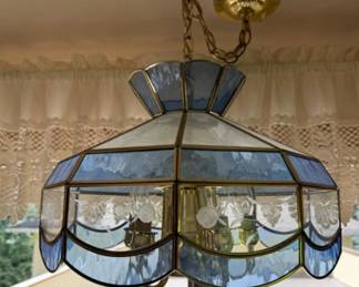 Tiffany-Style Hanging Pendant Chandelier in Blue & Gold Tones
