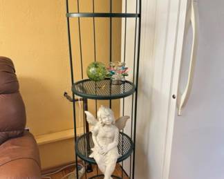 Four-Tier Green Plant Metal Stand w/ Sitting Fairy & Blown Glass Art