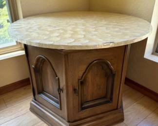 Solid Wood Base Side Table & Storage w/ Round Capiz Shell Top