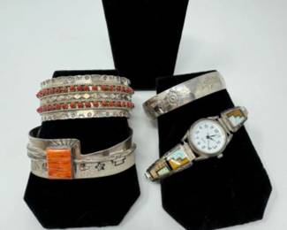 Sterling Silver Zuni Coral Cuff, Bangle, & Turquoise Watch (140.29g)
