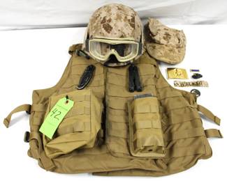  Lot Tactical Vest, Helmet, Marine Corp Belt Buckle, Globe & Anchor, Magazine, Multi-Tools; Used by Principal Character
