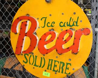 "Ice Cold Beer Sold Here" Metal Sign, Approx. 32" Dia.