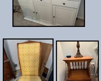 Side table ($75); Yellow chair ($50) (That's cardboard behind the chair, sorry.); Set of night stands (there are two) ($50 for the pair)