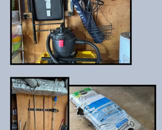 Shop vac ($10); holiday decorations (all for $5); metal folding chair ($5); soil ($5 for 3 bags); lawn tools ($5)