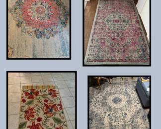 Area rugs (top left = 10'x10' blues, pinks, oranges)(bottom right = 9'x9' primarily blues) (top right = maybe 4'x6' and 2'x3' pinks and blues) (bottom left = not sure of size)