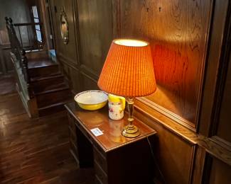 Antique low profile desk, English wash basin and German pitcher, brass lamp. 