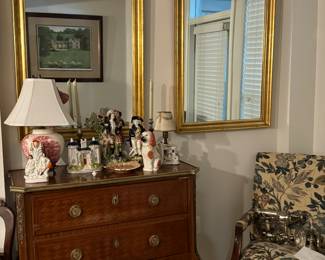 Upholstered Arm Chair, Pair of gold mirrors