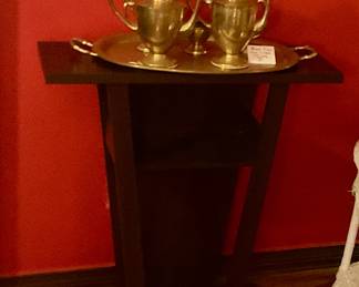 Wood table, brass tea set