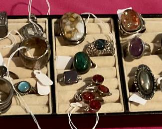 Lots of rings, sterling silver, gold, costume