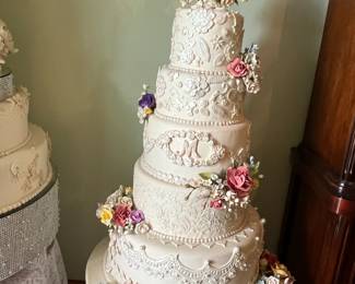 #199	Cream Cake Mold w/Sugared Flowers 5 tiers - approx 38" Tall	$25
