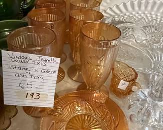 #193	Vintage Jeanette Glas Iris - Pitcher & 6 Glasses  w/ash Tray	 $65.00 
