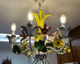 #159	Metal Mid-Century Chandelier w/metal french Painted Flowers - 6 bulbs - 24" Hang-down from ceiling	 $275.00 
