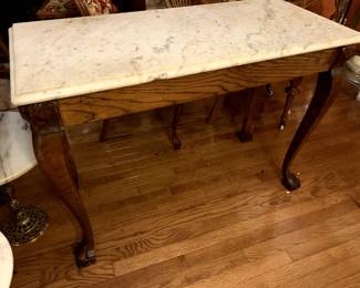 #20	Oak ball and clawfoot marble top entry table (as-is) very heavy 42x18x30	 $175.00 
