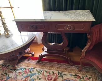 #103	Victorian Furn. Reproduction Harp Shaped Base Entry/Sofa Table w/2 drawers and Marble top - 37x15x30	 $175.00 
