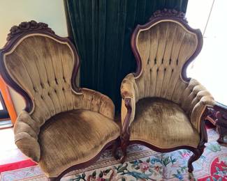 #106	Pair of Gold His/her Parlor Chairs w/rosewood Carved Back and legs	 $250.00 

