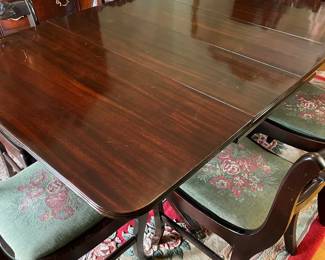 #116	Antique Triple pedestal w/1  leaf & Ball & Claw Foot Table w/drop-down sides w/6 antique Chairs - 24-75x42x29  has table pads	 $275.00 
