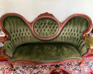 #98	Emerald Green Carved rosewood Button Back Parlor Sofa - 65" 	 $275.00 
