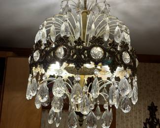 #167	Glass & Brass Hanging Chandelier w/glass prisms - 22" Hang From Ceiling	 $175.00 
