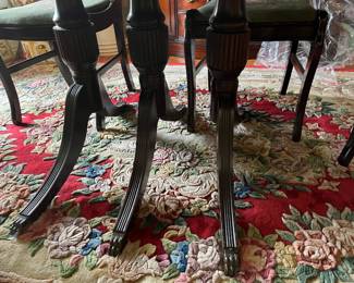 #116	Antique Triple pedestal w/1  leaf & Ball & Claw Foot Table w/drop-down sides w/6 antique Chairs - 24-75x42x29  has table pads	 $275.00 
