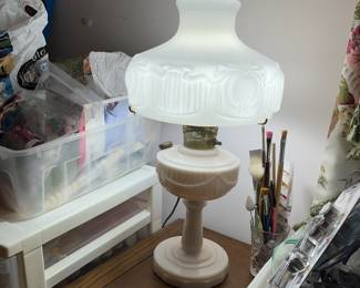 #123	Aladdin Pink Base w/White Globe (glass inside globe is cracked)	 $150.00 
