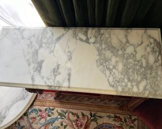 #103	Victorian Furn. Reproduction Harp Shaped Base Entry/Sofa Table w/2 drawers and Marble top - 37x15x30	 $175.00 
