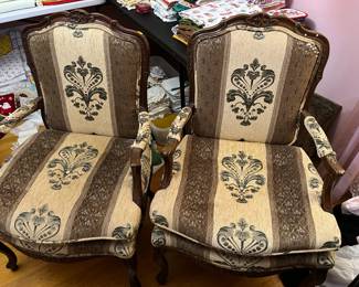 #92	Pair of Fabric Covered Parlor Side Chairs w/wood Carving 	 $120.00 
