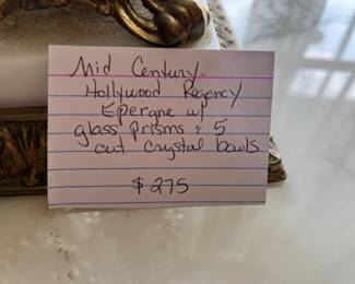 #114	Mid-Century Hollywood Regency Epergne w/Glass Prisms & 5 Cut Crystal Bowls	 $275.00 
