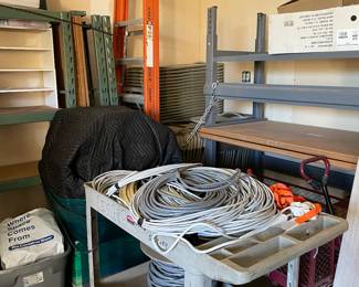Work stations, shelving, utility cart and shelving.