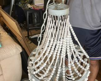 #13 - $150 	Chandelier wood cream beads on grey iron 
	30Hx17D
