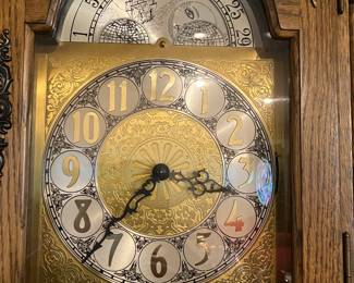#23 - $395 	Emperor Oak tall case clock 19Widest x 13D x 78H  needs pendulum but runs - 3 chimes 
