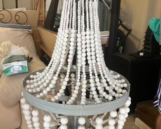 #13 - $150 	Chandelier wood cream beads on grey iron 
	30Hx17D
