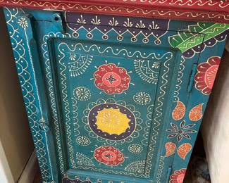 #51 - $95 	Painted 1 door Moroccan style cabinet 20x27Hx14
