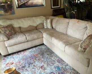 #49 - $400 	Sectional microsuede tan sofa 
