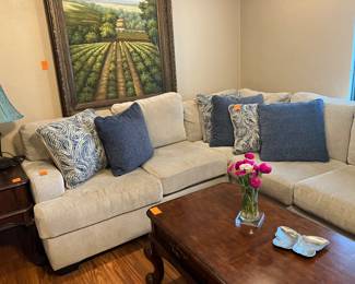 #34 - $400 	Sectional sofa 61Lx38Dx28H corner piece 28x28
	Center 75L (3 cushions) - lounger 55L
	Foam construction
