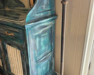 #50 $150 	Blue white painted cabinet / mirror back 
- 