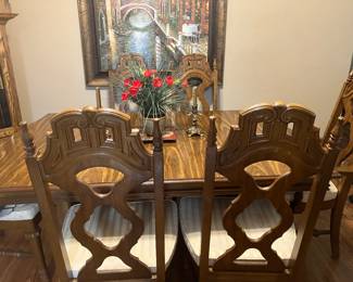0#1 - $250  Dining Table Vintage 65W X 44D X 30H with 5 chairs, 1 with arms and 2 leaves 18"W