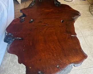 Raw edge cypress table, 70 x 36 x 15