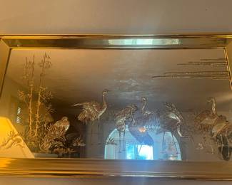 Hollywood Regency Etched  Mirror with gold Eglomise Decoration and Brass Frame