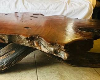 Raw edge cypress table, 70 x 36 x 15