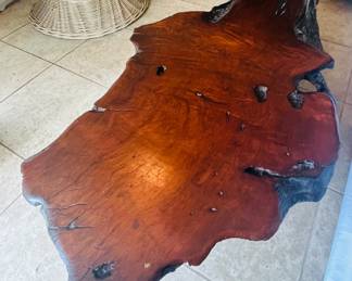 Raw edge cypress table, 70 x 36 x 15